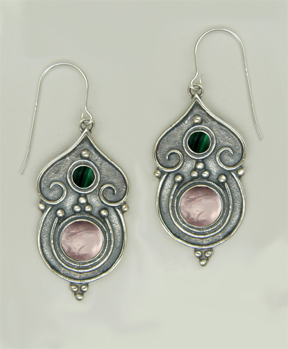 Sterling Silver Gothic Inspired Drop Dangle Earrings With Rose Quartz And Malachite